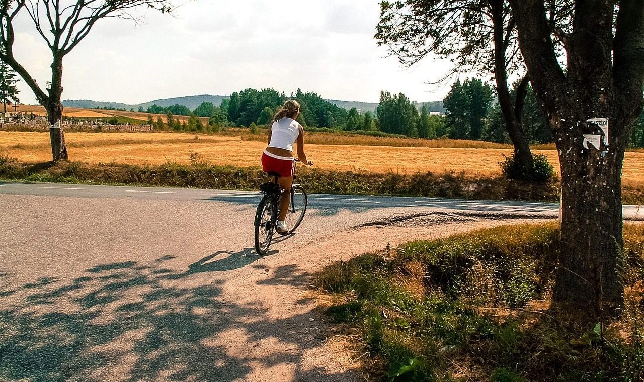 way, bike, girl, woman, aurore tognacci aurora rentrée sortie de schémas répétitifs blocages swietokrzyskie mountains, shadow, by bike, sign, tourism, field, sport, bicycles, sky, grass, walking, trees, walkway, signpost, nature, landscape, summer, view, poland, tree, road, hiking trail
